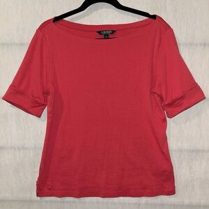 Lauren Ralph Lauren Shirt Womens L Coral Red Cuffed Short Sleeve Boat Nk Cotton